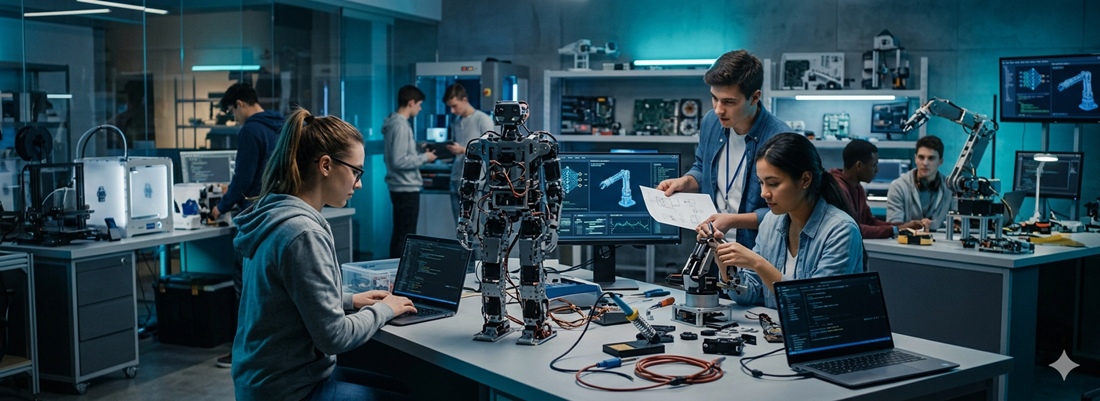 Engineering students collaborating in a high-tech electronics and robotics lab