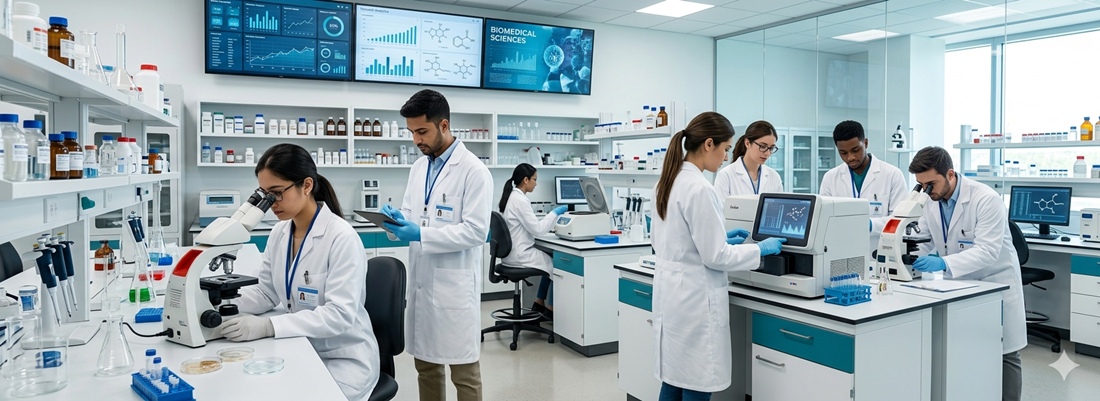 Pharmacy students preparing medical formulations in a chemistry laboratory